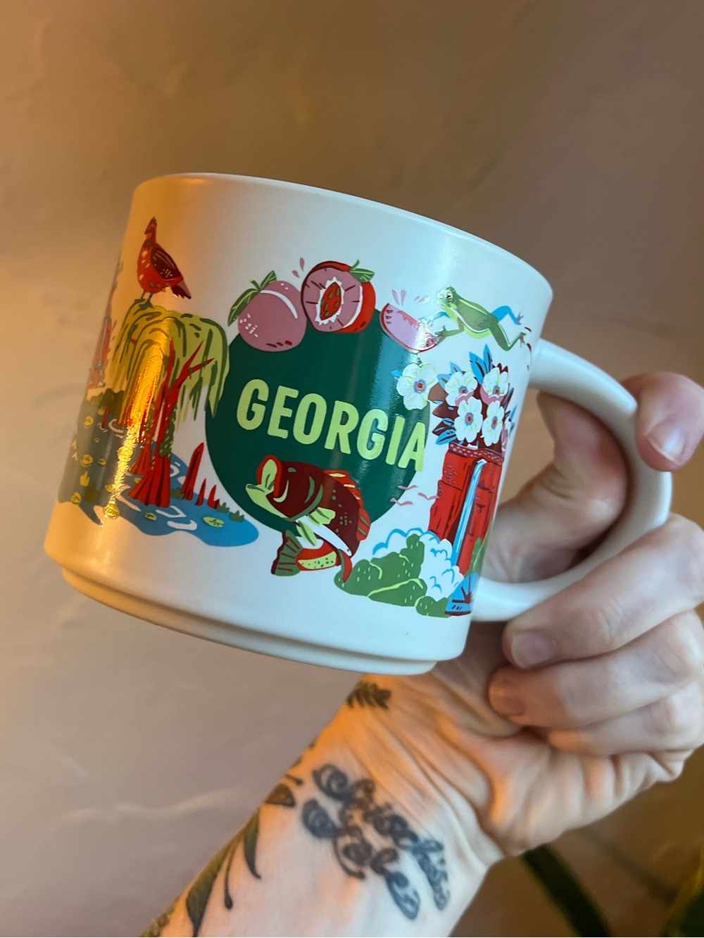 Starbucks Georgia Discovery Series Mug 14 oz 2024 Red Interior Peach Wildlife